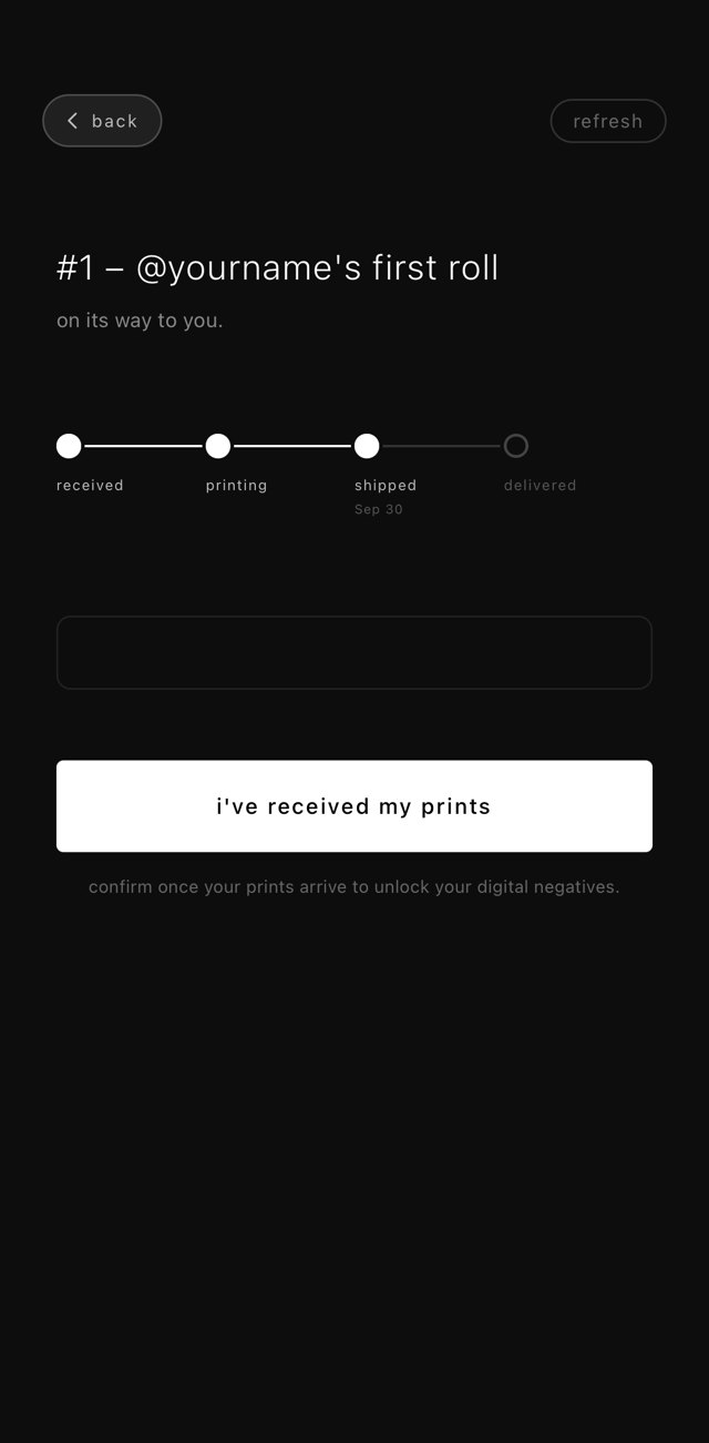 the order tracker: received, printing, shipped, on its way to you